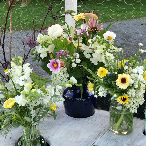 three bouquets of white, yellow, and pink flowers