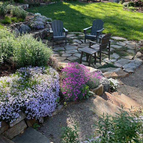 shady garden patio surrounded by pink and purple plants