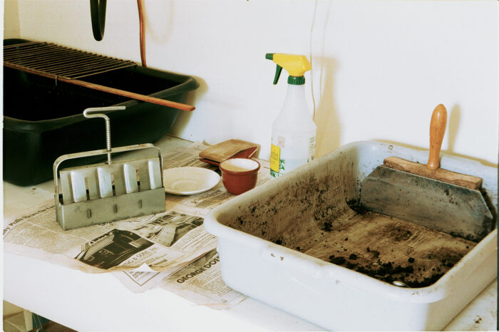 Seed-starting tools are crucial. Soil blocks (above) and indoor lights (below) enable gardeners to grow lots of high-quality transplants in a small space.